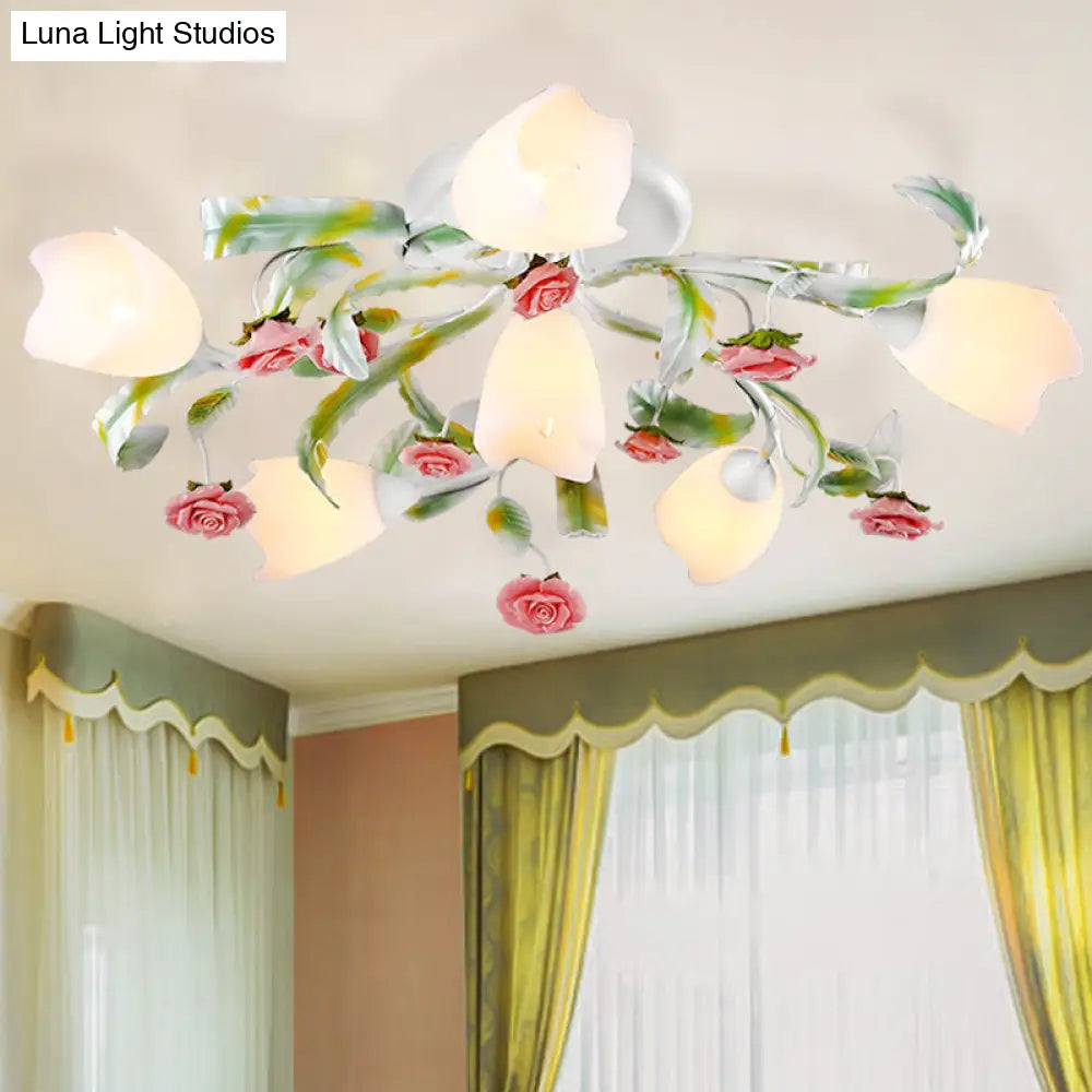 Rose Living Room Semi-Flush Mount Pastoral Ceiling Lamp - Green/White 4/6/9 Heads