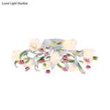Rose Living Room Semi-Flush Mount Pastoral Ceiling Lamp - Green/White 4/6/9 Heads