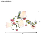Rose Living Room Semi-Flush Mount Pastoral Ceiling Lamp - Green/White 4/6/9 Heads