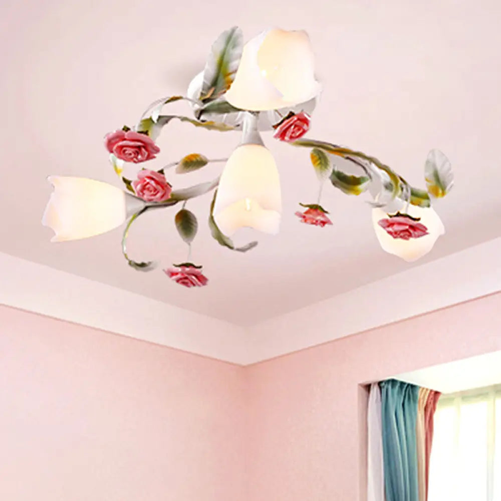 Rose Living Room Semi-Flush Mount Pastoral Ceiling Lamp - Green/White 4/6/9 Heads 4 / Green-White