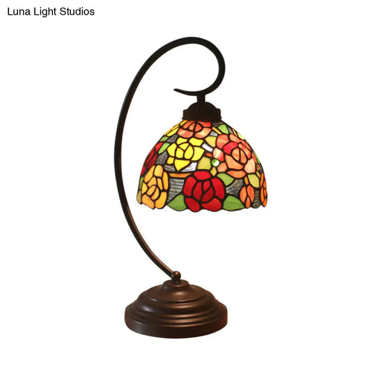 Rose Patterned Victorian Night Lamp With Stained Art Glass In Dark Coffee