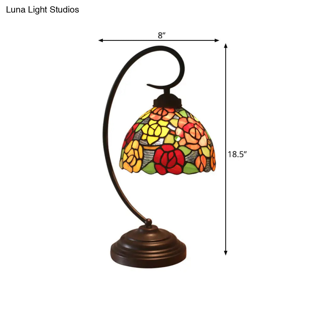 Rose Patterned Victorian Night Lamp With Stained Art Glass In Dark Coffee