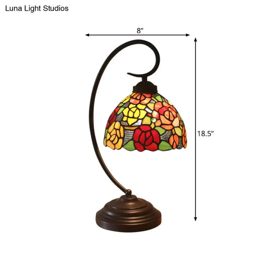 Rose Patterned Victorian Night Lamp With Stained Art Glass In Dark Coffee