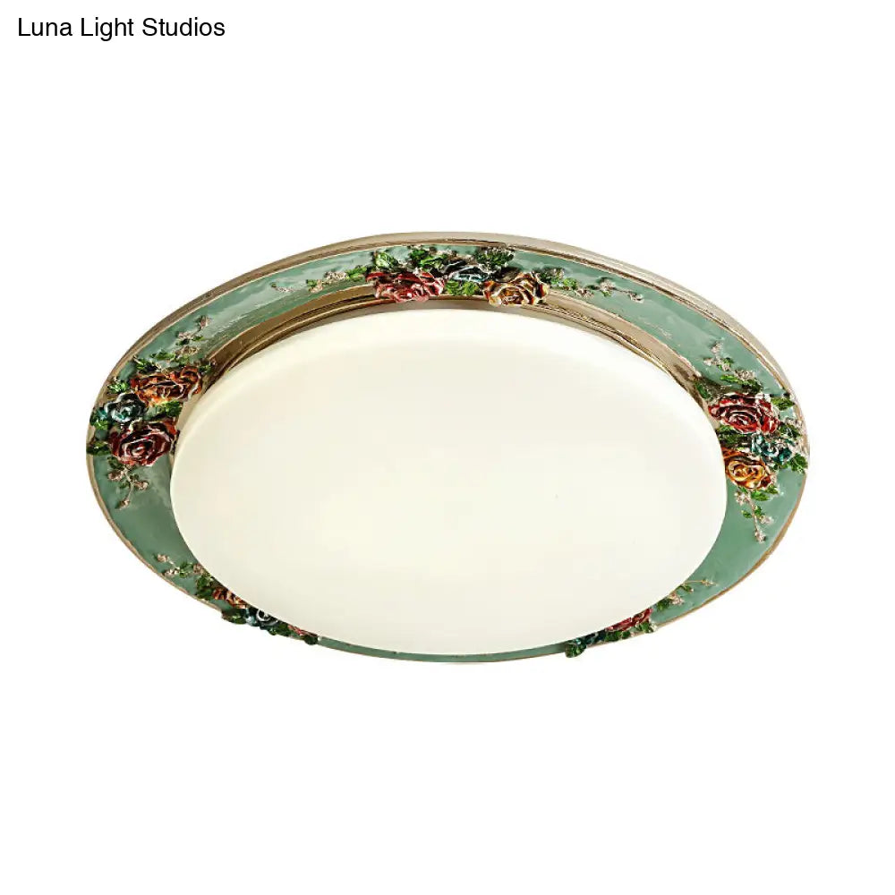 Rose Round Handcrafted Resin Led Ceiling Light For Retro Bedrooms In Beige/Green/Silver Grey