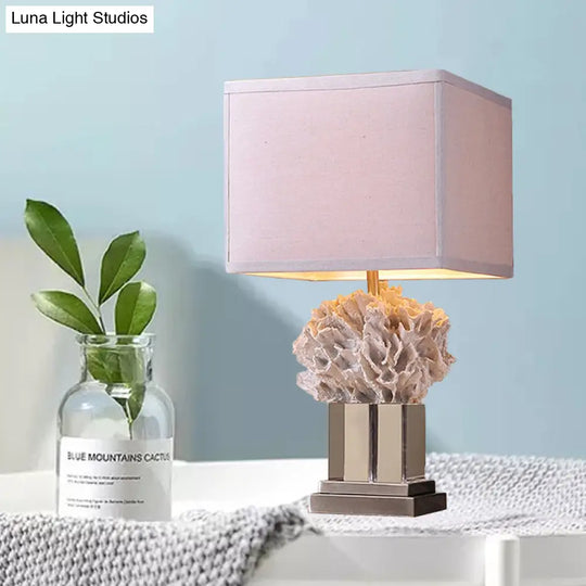 Rose - Rustic Single Resin Night Table Lamp White Seaweed Bedroom Nightstand Light With Cube Fabric