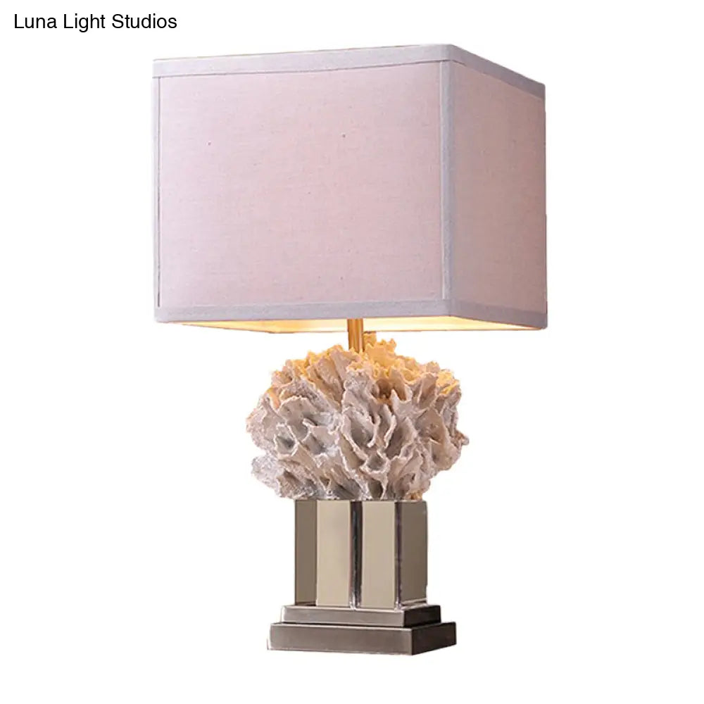 Rose - Rustic Single Resin Night Table Lamp White Seaweed Bedroom Nightstand Light With Cube Fabric