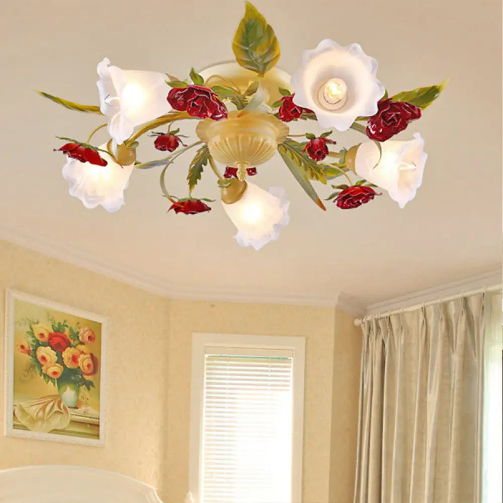 Rose Semi Flush Mount Coffee Metal Ceiling Lamp With Bulbs - Perfect For Country Living Rooms 5 /