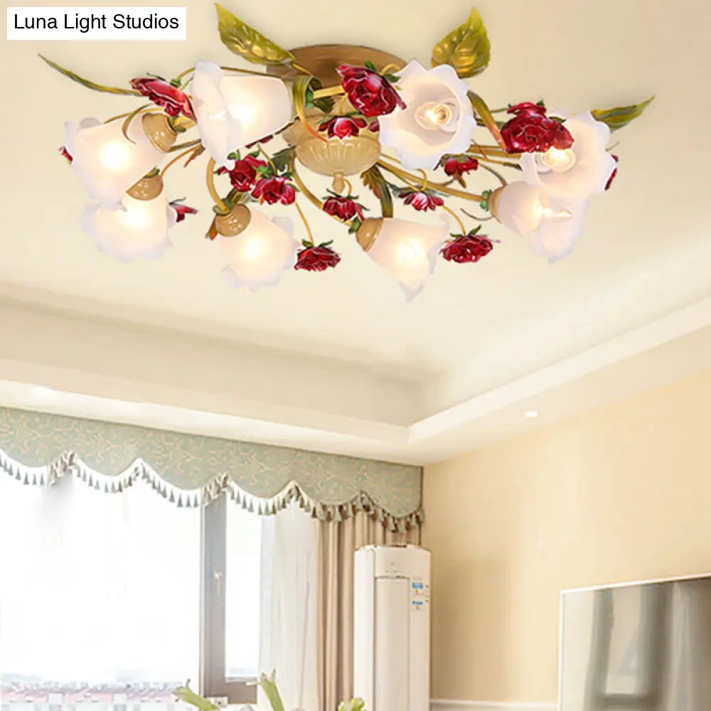 Rose Semi Flush Mount Coffee Metal Ceiling Lamp With Bulbs - Perfect For Country Living Rooms 8 /