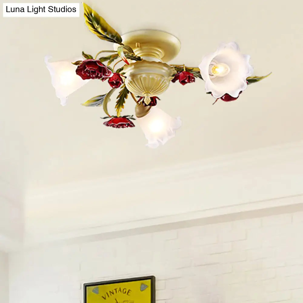 Rose Semi Flush Mount Coffee Metal Ceiling Lamp With Bulbs - Perfect For Country Living Rooms 3 /