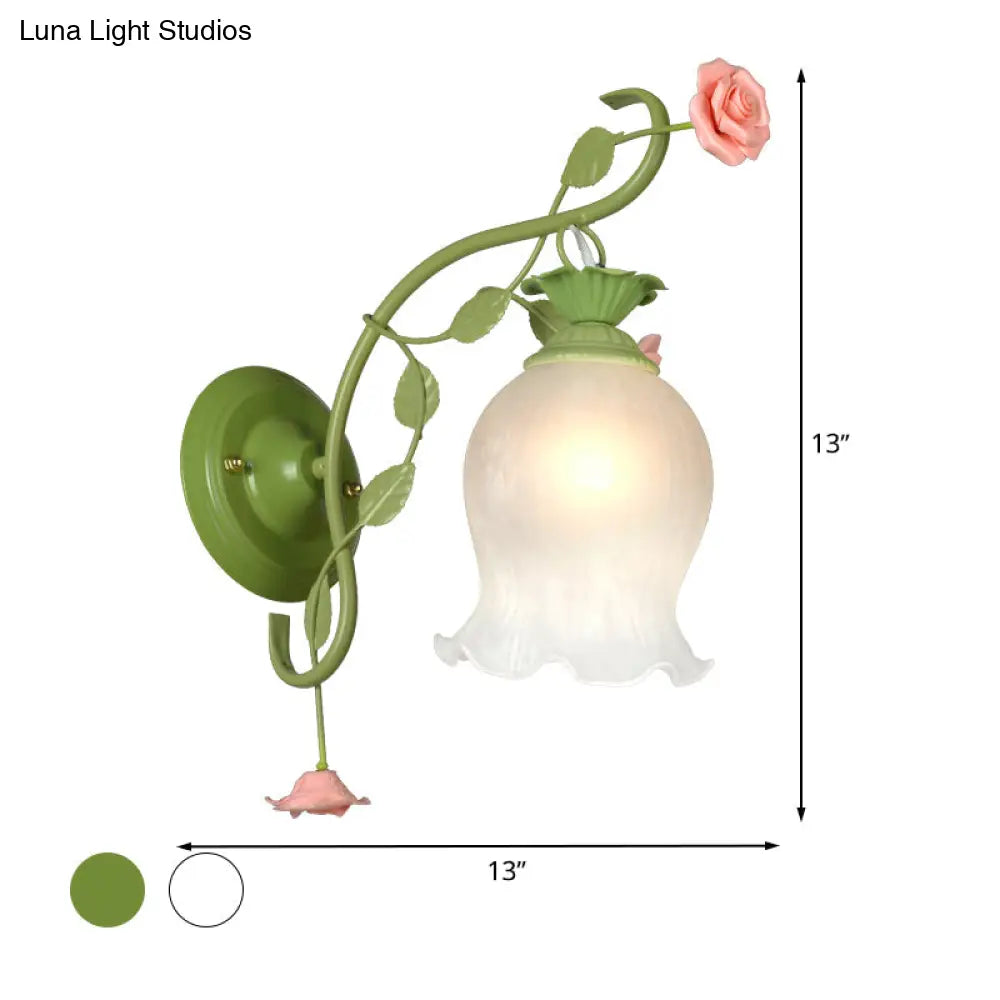 Rose Wall Mount Lamp - Metal Sconce Lighting For Bedroom (White/Green)