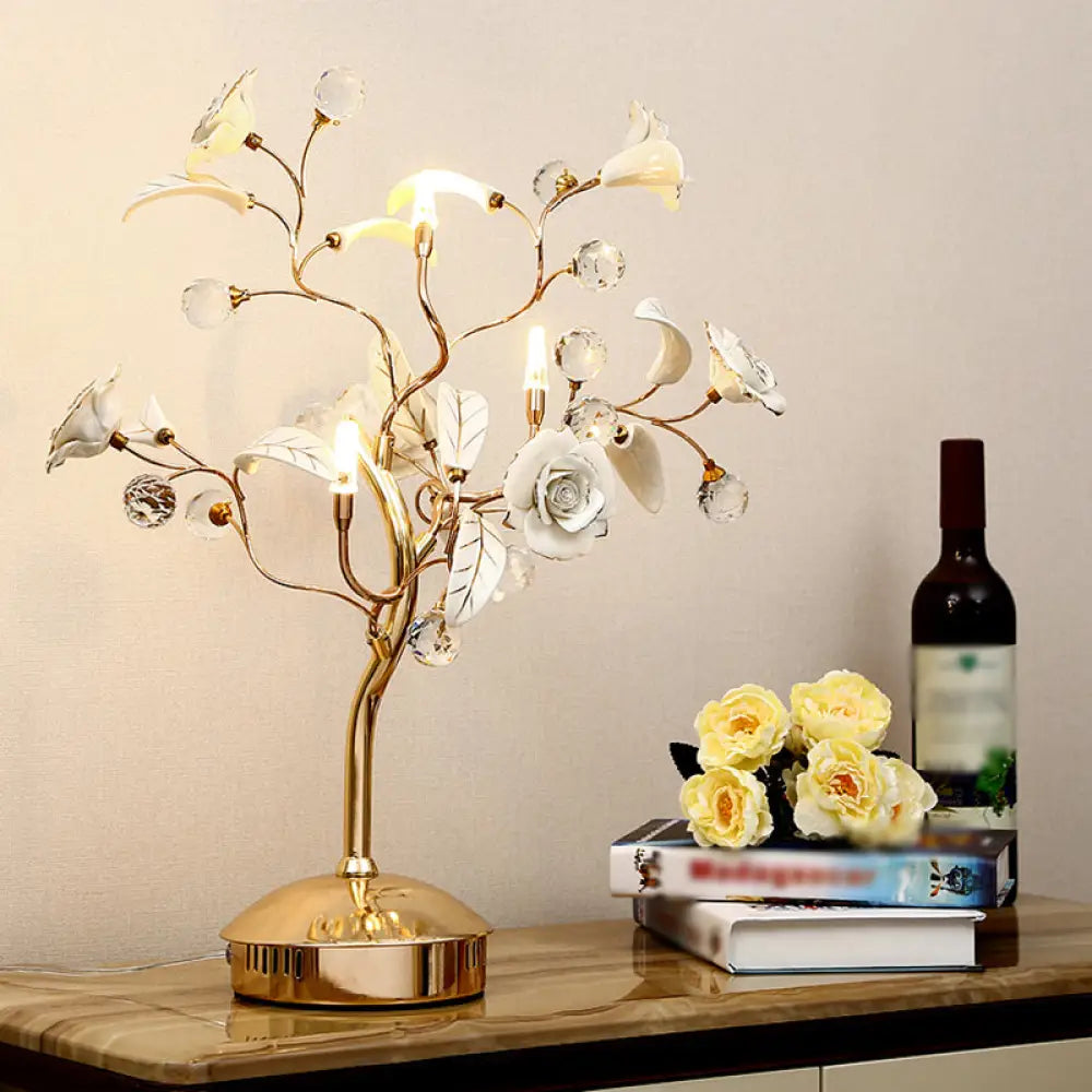 Rosebush Ceramic Table Lamp - Elegant Nightstand Lighting With Crystal Decor For Bedside 3 / White