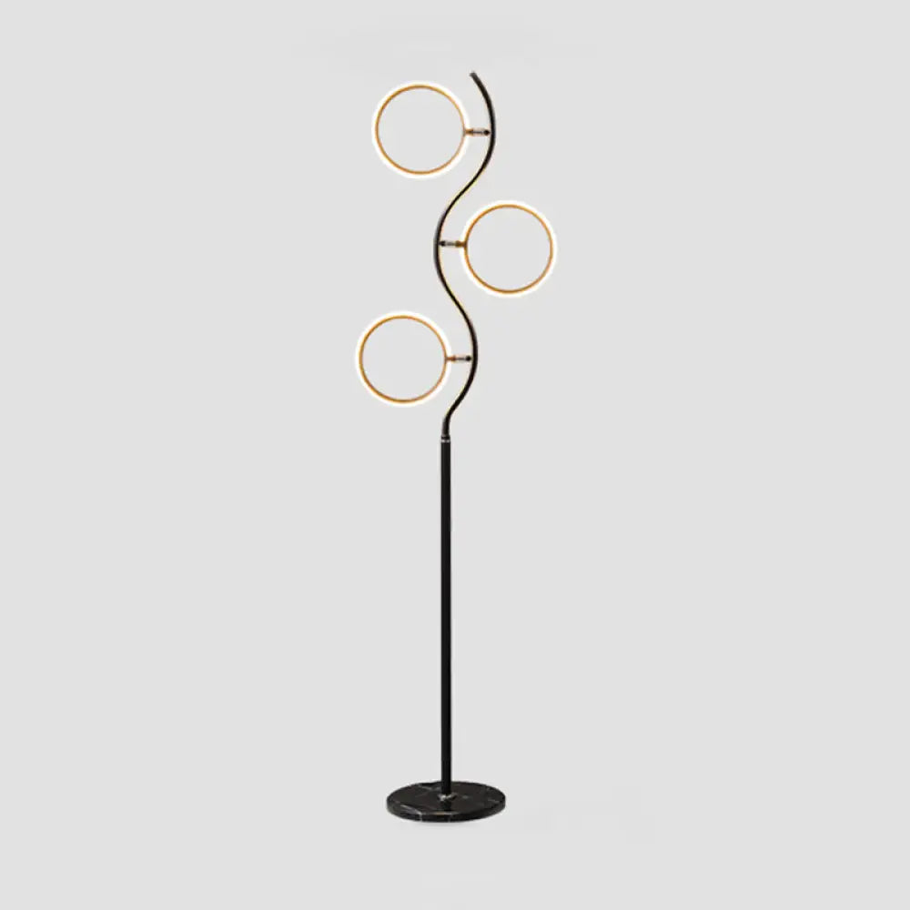 Rotatable 3-Head Led Floor Lamp - Artistic Metal Ring Shape For Bedroom Black