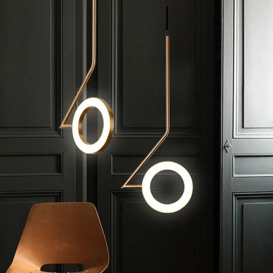 Rotatable Gold Loop Drop Pendant Led Hanging Light Kit Stylish Iron With Zigzag Shaped Arm