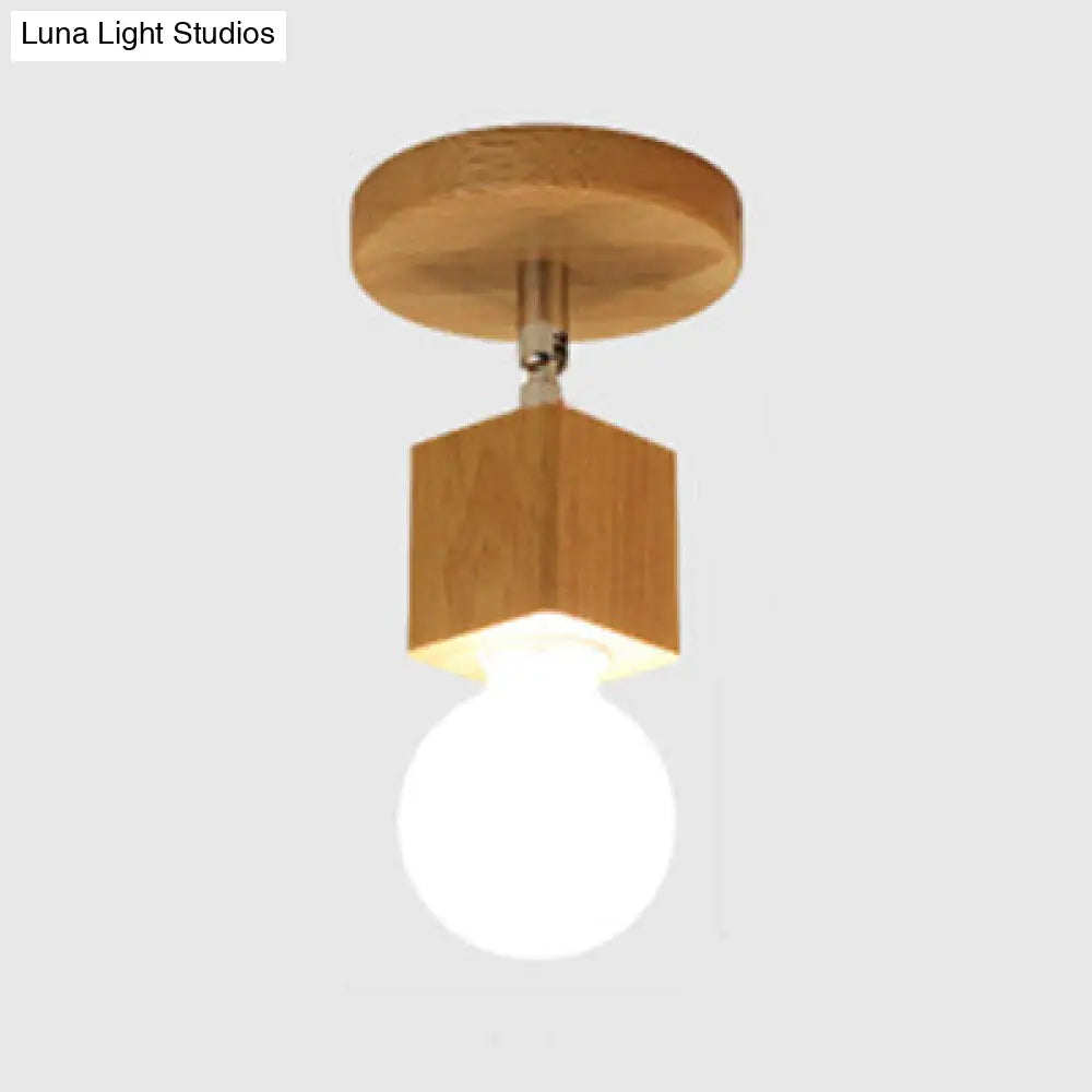 Rotatable Lodge Style Ceiling Lamp With Bare Bulb - Wood Semi Flush Light