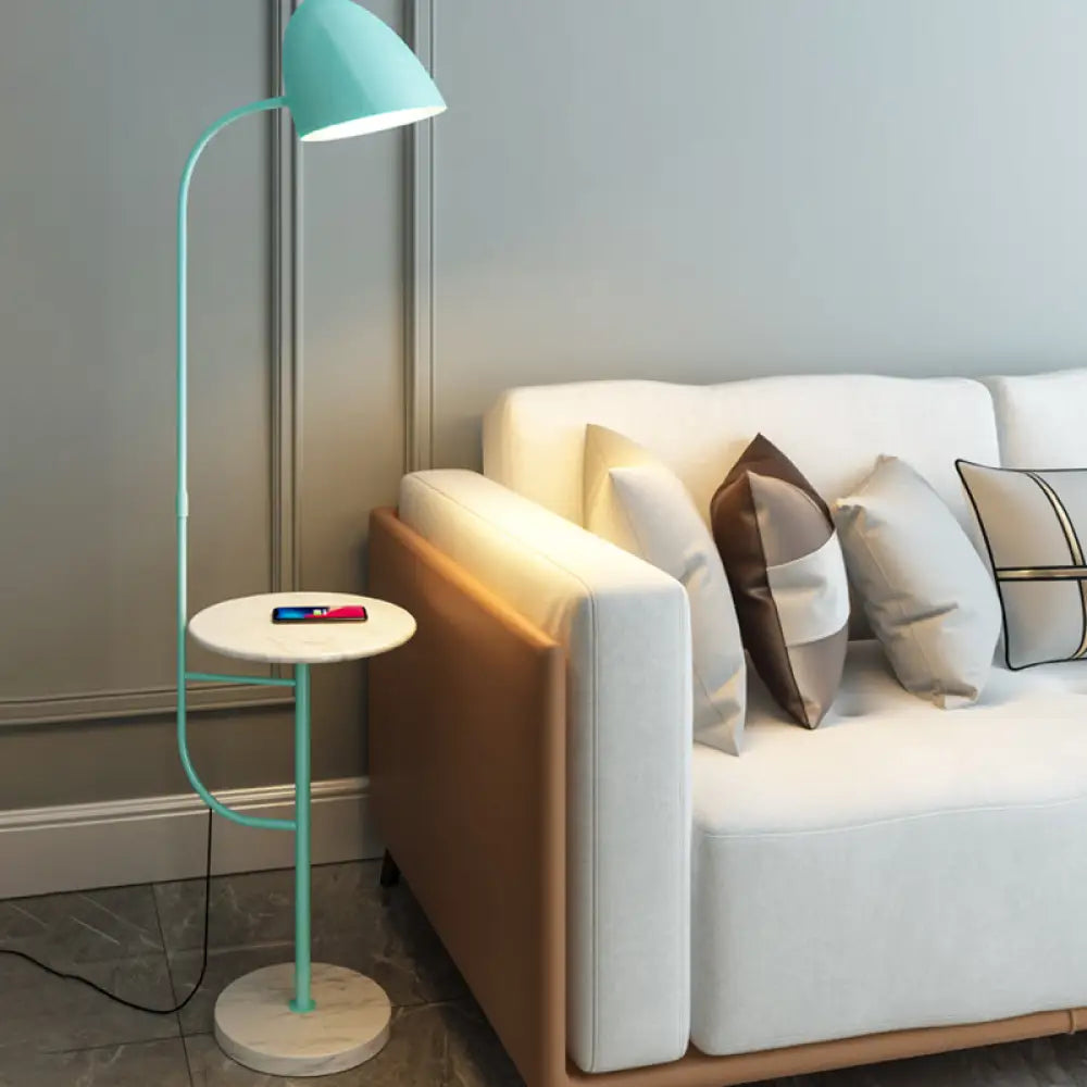 Rotatable Metal Floor Lamp With Swivel Shade And Marble Table - 1 Head Macaron Light Blue
