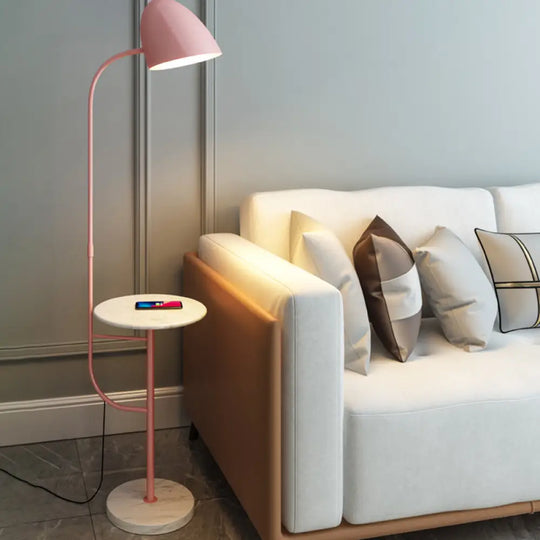 Rotatable Metal Floor Lamp With Swivel Shade And Marble Table - 1 Head Macaron Light Pink