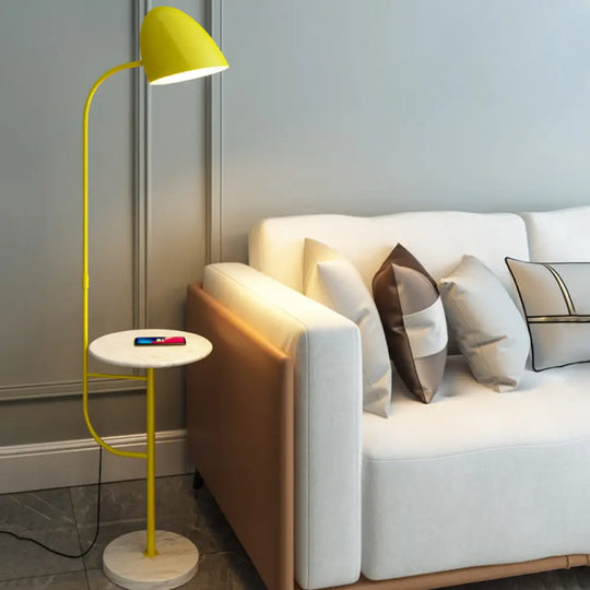Rotatable Metal Floor Lamp With Swivel Shade And Marble Table - 1 Head Macaron Light Yellow