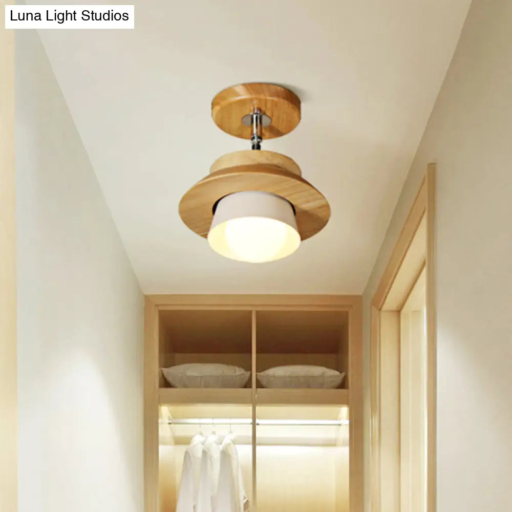 Rotatable Minimalist Wood Cap Ceiling Lamp With White Shade - Semi Flush Mount