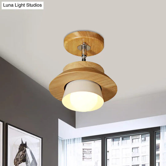 Rotatable Minimalist Wood Cap Ceiling Lamp With White Shade - Semi Flush Mount