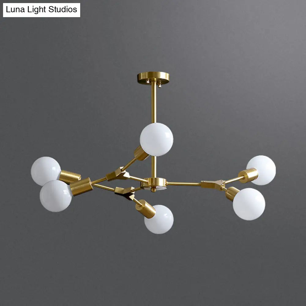 Rotatable Semi Flush Mount Ceiling Light With Brass Branches & Open Bulb Design - Modernistic 6-Head