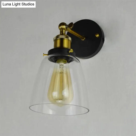 Rotatable Wall Lamp - Warehouse Cloche With 1 Head Transparent Glass Shade In Black And Brass/Black