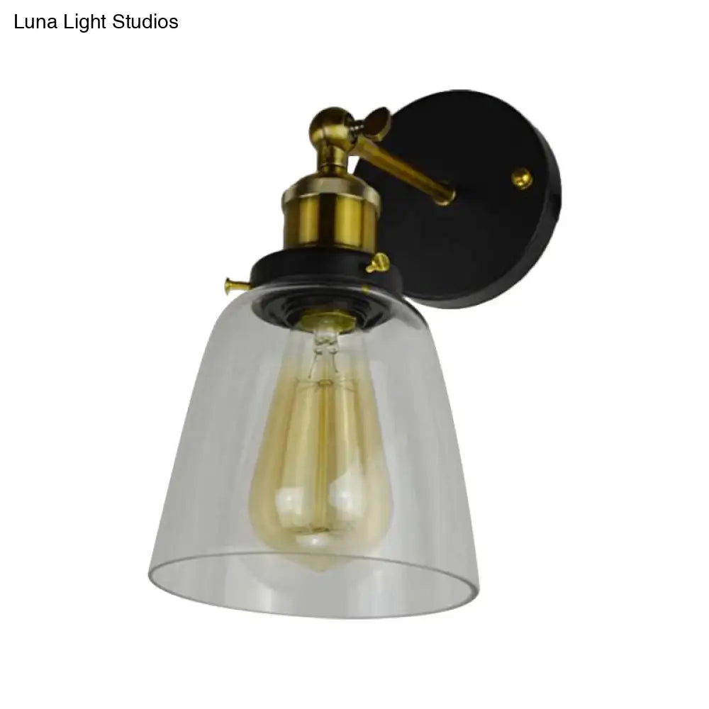 Rotatable Wall Lamp - Warehouse Cloche With 1 Head Transparent Glass Shade In Black And Brass/Black