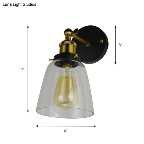 Rotatable Wall Lamp - Warehouse Cloche With 1 Head Transparent Glass Shade In Black And Brass/Black