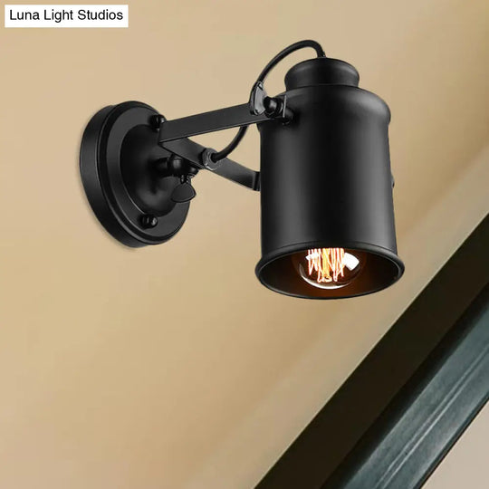 Rotatable Wall Mount Industrial Sconce Light: 1-Light Metal Shade In Black