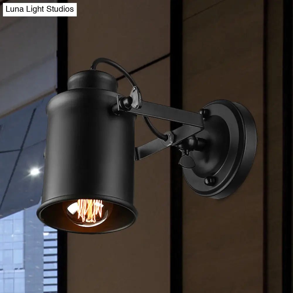 Rotatable Wall Mount Industrial Sconce Light: 1-Light Metal Shade In Black