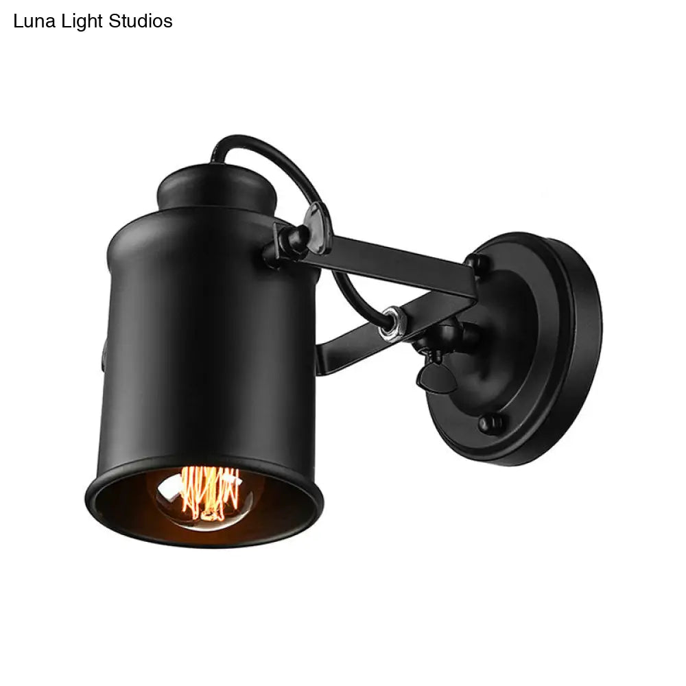 Rotatable Wall Mount Industrial Sconce Light: 1-Light Metal Shade In Black