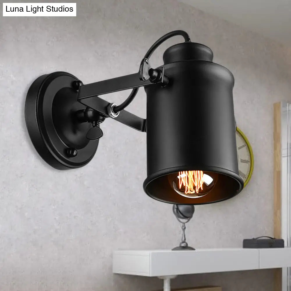 Rotatable Wall Mount Industrial Sconce Light: 1-Light Metal Shade In Black