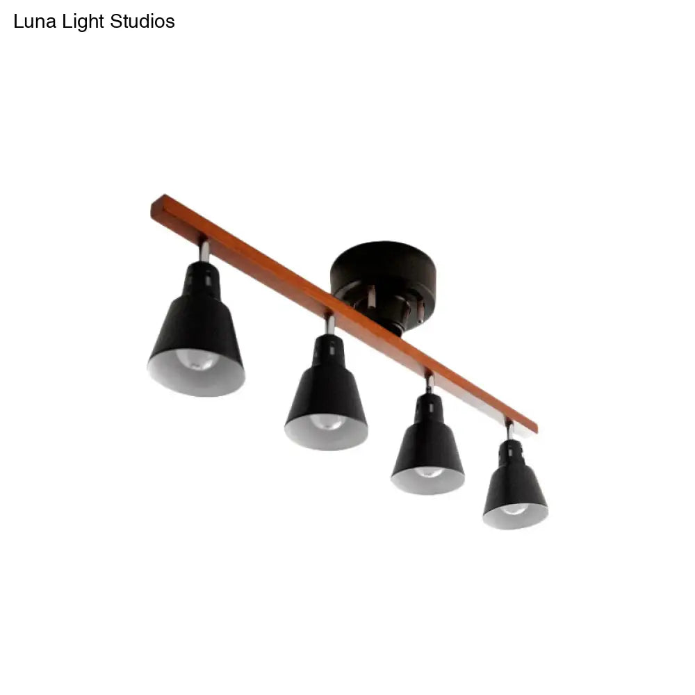 Rotating Horn Flush Ceiling Light Nordic White/Black Iron Semi Mount With Wood Beam Arm - Set Of 4