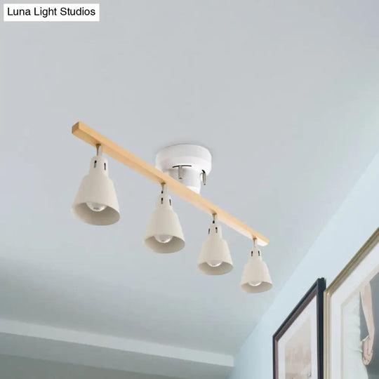 Rotating Horn Flush Ceiling Light Nordic White/Black Iron Semi Mount With Wood Beam Arm - Set Of 4