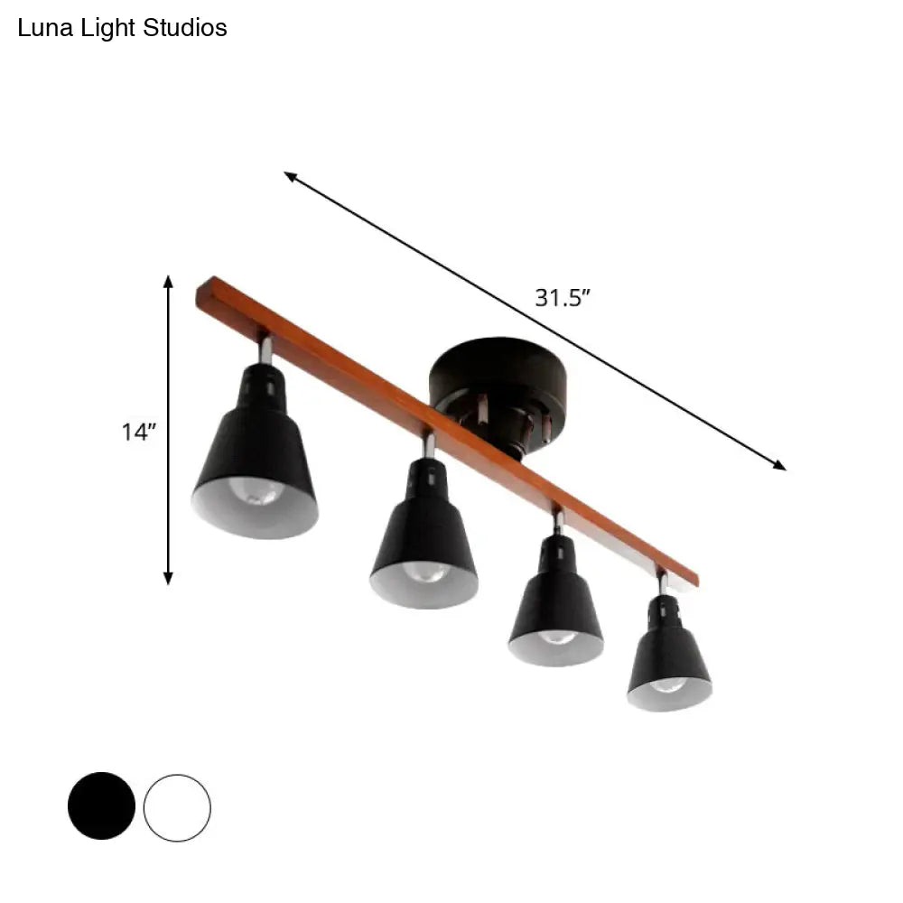 Rotating Horn Flush Ceiling Light Nordic White/Black Iron Semi Mount With Wood Beam Arm - Set Of 4