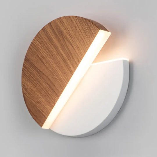 Rotating Nordic Led Wall Lamp In Round Disc Shape - Acrylic Indoor Light Fixture Dark Wood / White