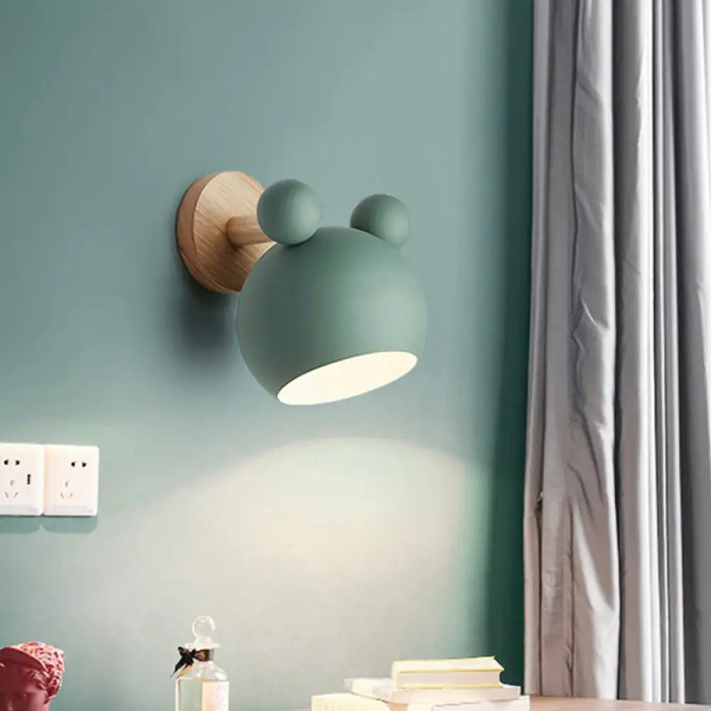 Rotating Wall Mounted Lamp: Bear/Bell Macaron Iron 1-Head Bedside Reading Light In White/Pink/Green