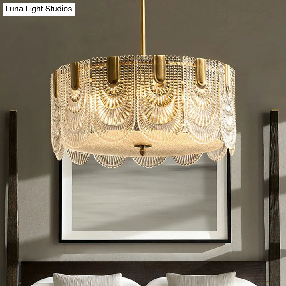 Scalloped Crystal Ribbed Chandelier Pendant Light - Contemporary Brass Hanging Fixture