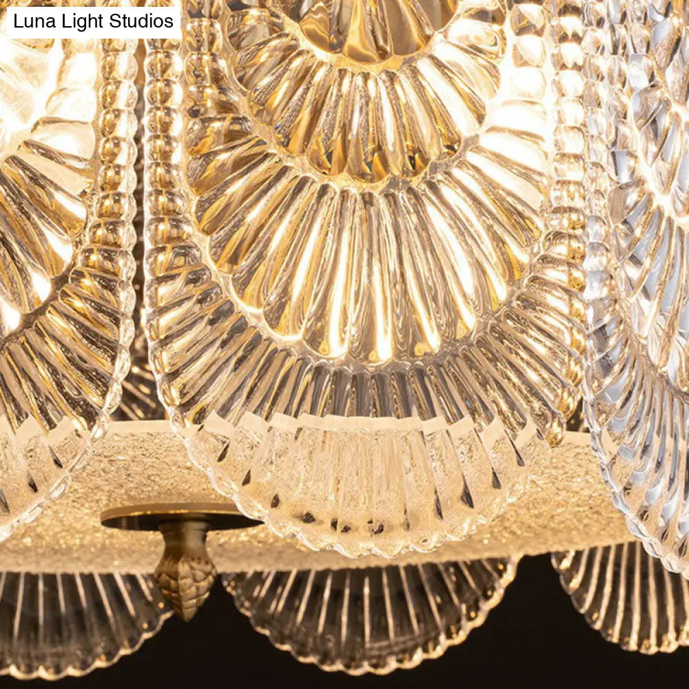 Scalloped Crystal Ribbed Chandelier Pendant Light - Contemporary Brass Hanging Fixture