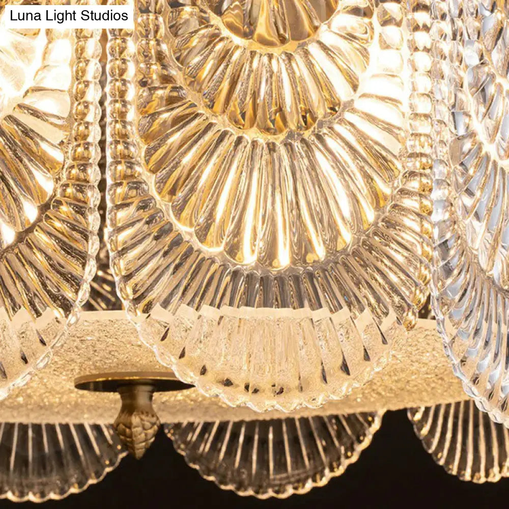 Round Brass With Ribbed Crystal Chandelier Pendant Light