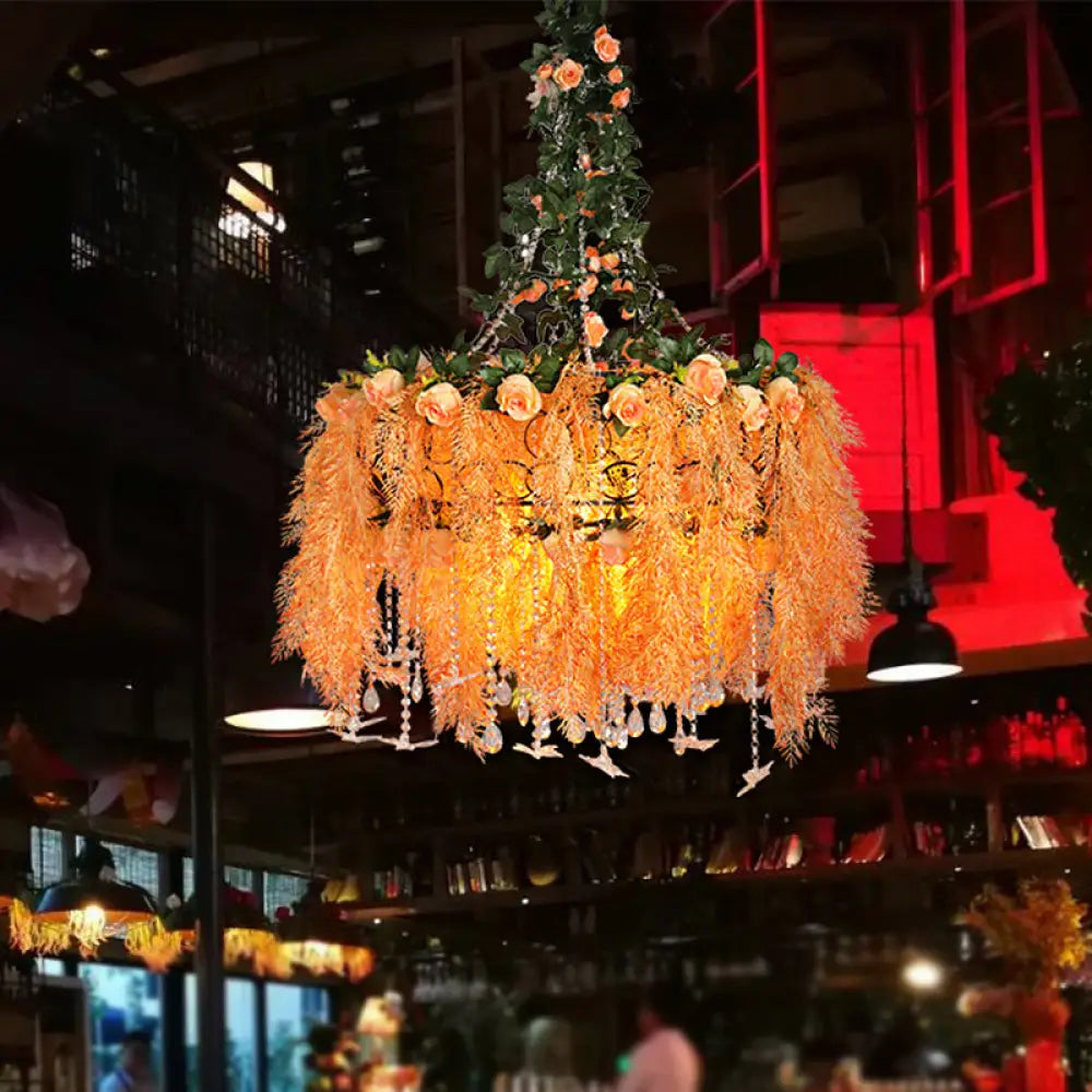 Round Cage Chandelier Light In Orange Metal With Plant Decor - 4-Bulb Pendant Lamp For Warehouse