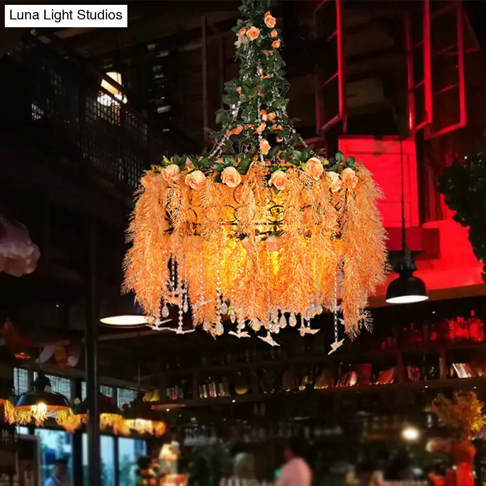 Round Cage Chandelier Light - 4-Bulb Warehouse Orange Metal Pendant Lamp With Plant Decor