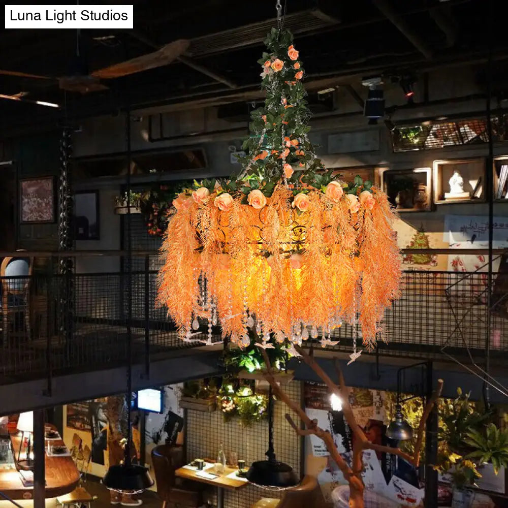 Round Cage Chandelier Light - 4-Bulb Warehouse Orange Metal Pendant Lamp With Plant Decor