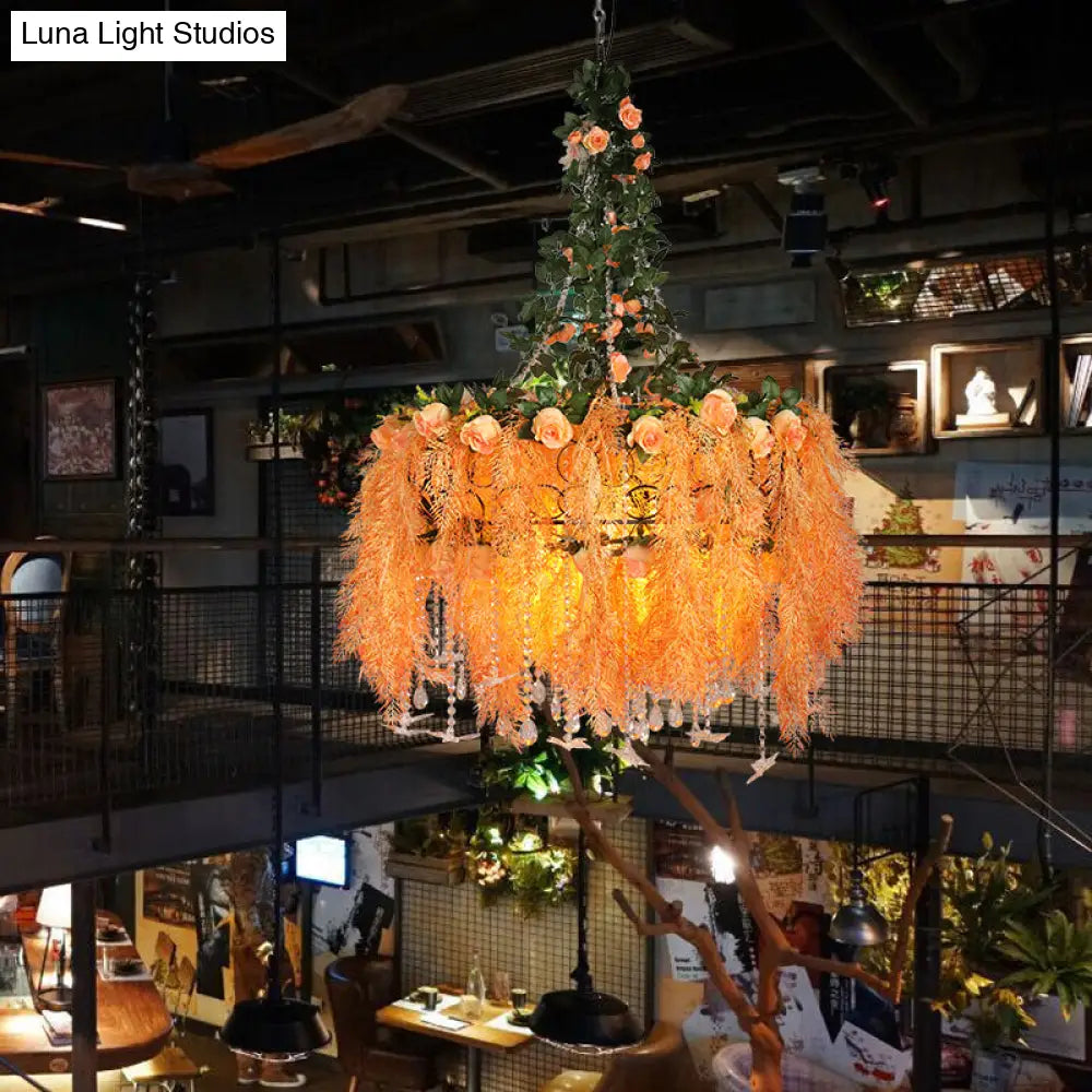 Round Cage Chandelier Light In Orange Metal With Plant Decor - 4-Bulb Pendant Lamp For Warehouse