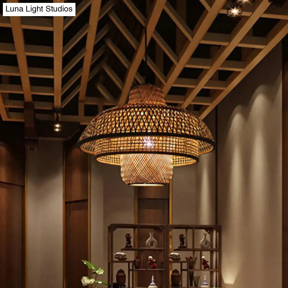 Round Cage Pendant Lamp Fixture Asia Bamboo Suspension Light - 3-Tier Beige