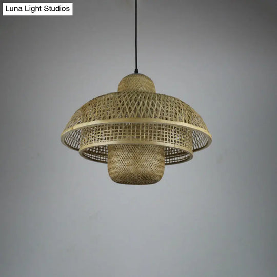 Round Cage Pendant Lamp Fixture Asia Bamboo Suspension Light - 3-Tier Beige