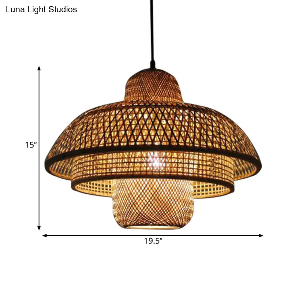 Round Cage Pendant Lamp Fixture Asia Bamboo Suspension Light - 3-Tier Beige