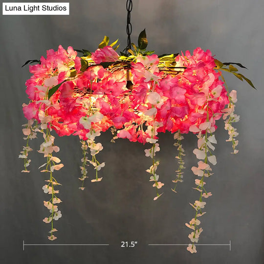 Metal Cage Pendant Lamp With 3 Lights And Floral Accents - Rural Chandelier Pink / 21.5