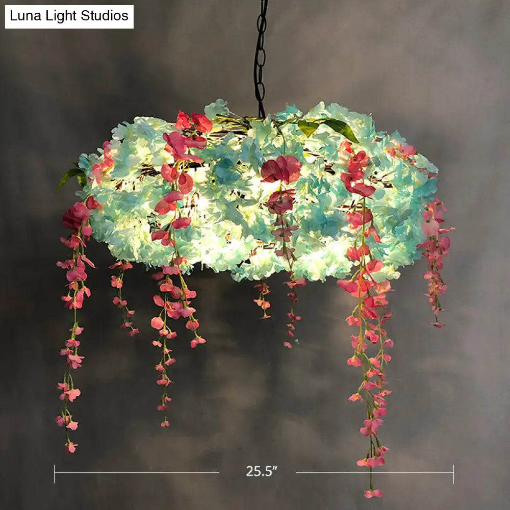 Metal Cage Pendant Lamp With 3 Lights And Floral Accents - Rural Chandelier Blue / 25.5