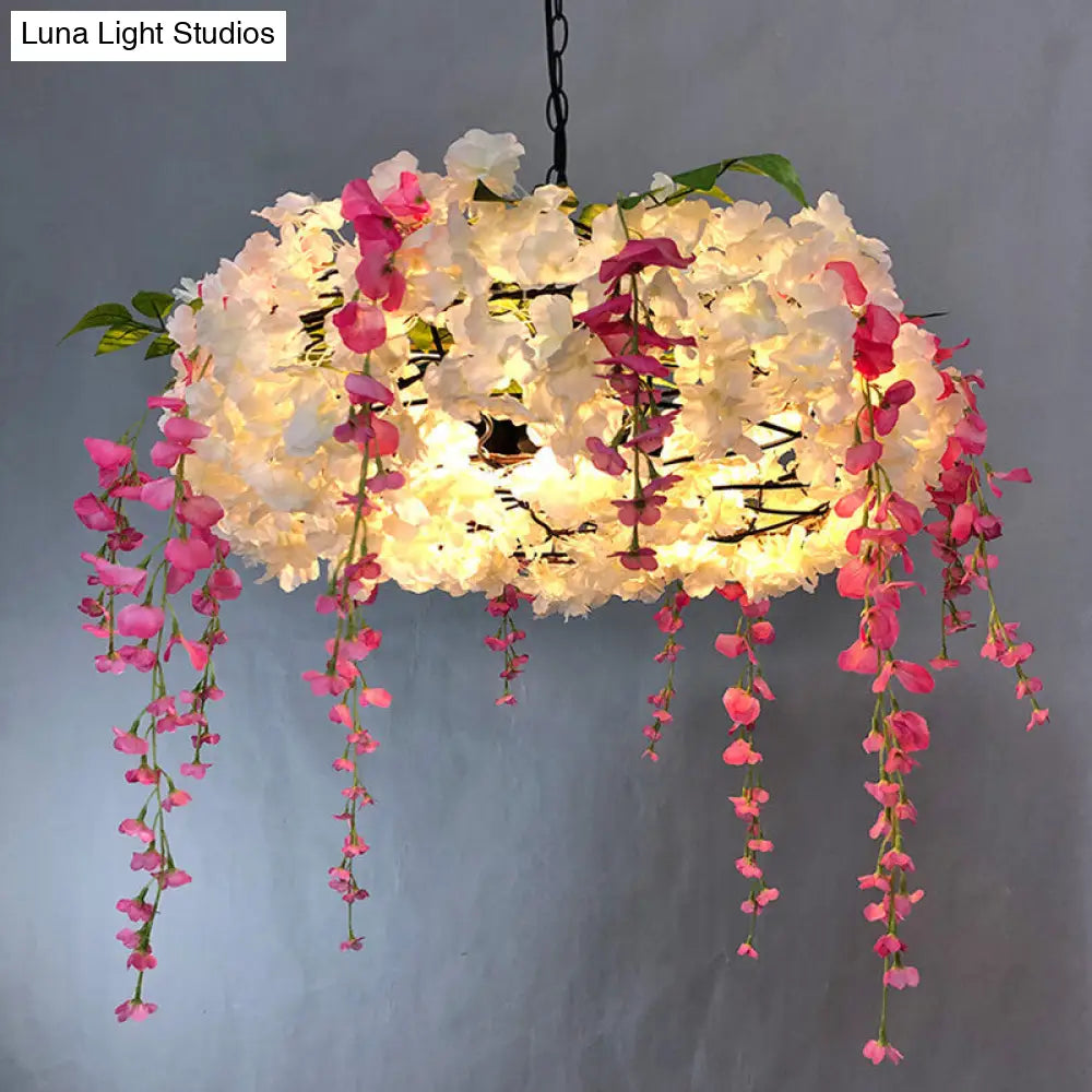 Metal Cage Pendant Lamp With 3 Lights And Floral Accents - Rural Chandelier White / 21.5