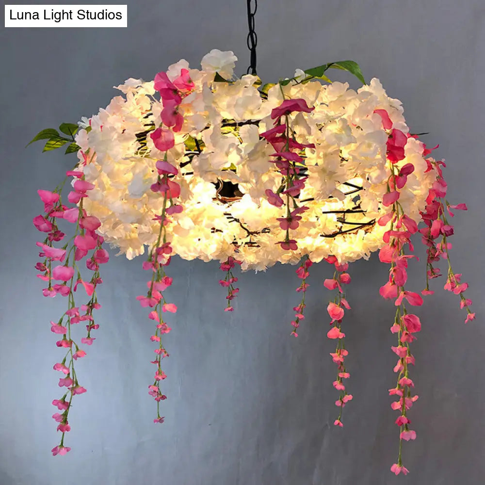 Metal Cage Pendant Lamp With 3 Lights And Floral Accents - Rural Chandelier White / 25.5